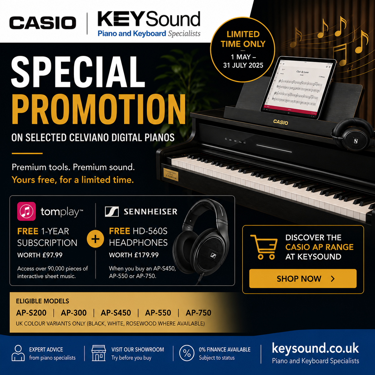 Casio Digital Piano Promotion UK – Free Tomplay & Sennheiser Headphones at Keysound
